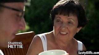 Lusty granny Hettie makes out with this hot guy Rob that makes her mature pussy wetting moist and totally satisfied.